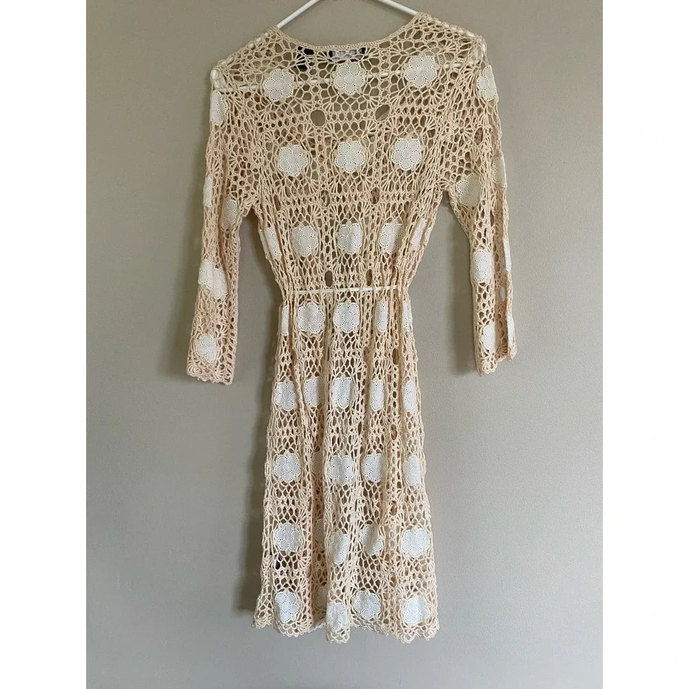 Y2K Dana Bachman crochet crocheted cream long cardigan boho size small - Picture 3 of 3